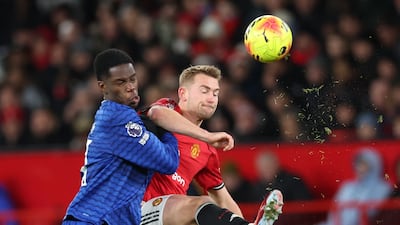 Thierno Barry of Everton, left, in action against Matthijs de Ligt of Manchester United. EPA