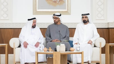 Sheikh Dr Sultan, Sheikh Mohamed bin Zayed and Sheikh Mohammed bin Rashid, during the meeting.