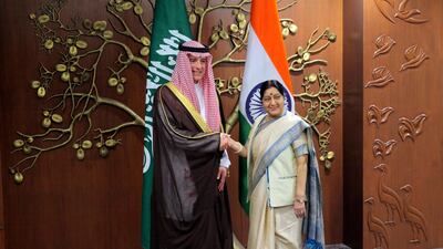 Indian Foreign Minister Sushma Swaraj met her Saudi Arabia counterpart Adel Al Jubeir before their delegation level meeting on Monday. AP