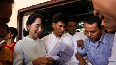 Aug San Suu Kyi and other newly elected NLD politicians take part in a training course conducted at the party headquarters on matters concerning the constitution, regional development programmes and parliamentary affairs.