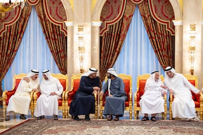 President Sheikh Mohamed offers condolences to Sheikh Mohamed bin Rashid, Vice President, Prime Minister and Ruler of Dubai. They are seen with Sheikh Saud bin Saqr Al Qasimi, Ruler of Ras Al Khaimah (far right), Sheikh Dr Sultan bin Mohamed Al Qasimi, Ruler of Sharjah (second from right), Sheikh Hamad bin Mohamed Al Sharqi, Ruler of Fujairah (second from left) and Sheikh Saud bin Rashid Al Mualla, Ruler of Umm Al Quwain (far left).
Photo: UAE Presidential Court
---