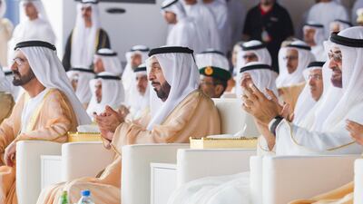 (From right) Sheikh Mohammed bin Zayed, Crown Prince of Abu Dhabi Deputy Supreme Commander of the UAE Armed Forces, Sheikh Khalifa bin Zayed President of the UAE and Ruler of Abu Dhabi, Sheikh Mohammed bin Rashid Vice-President Prime Minister of the UAE a???