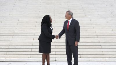 The ceremony for Ms Brown Jackson was attended by US President Joe Biden, Vice President Kamala Harris, first lady Jill Biden and second gentleman Doug Emhoff. Getty Images / AFP