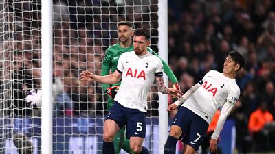 LONDON, ENGLAND - MAY 02: Pierre-Emile Hojbjerg and Son Heung-Min of Tottenham Hotspur look on as they fail to attempt to block the header from Nicolas Jackson of Chelsea (not pictured) as he scores his team's second goal during the Premier League match between Chelsea FC and Tottenham Hotspur at Stamford Bridge on May 02, 2024 in London, England. (Photo by Mike Hewitt / Getty Images)