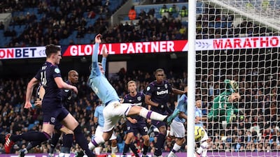 Manchester City's Rodri scores the first goal. Reuters