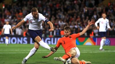 England's Harry Kane has a shot blocked by Netherlands' Matthijs de Ligt. PA Images