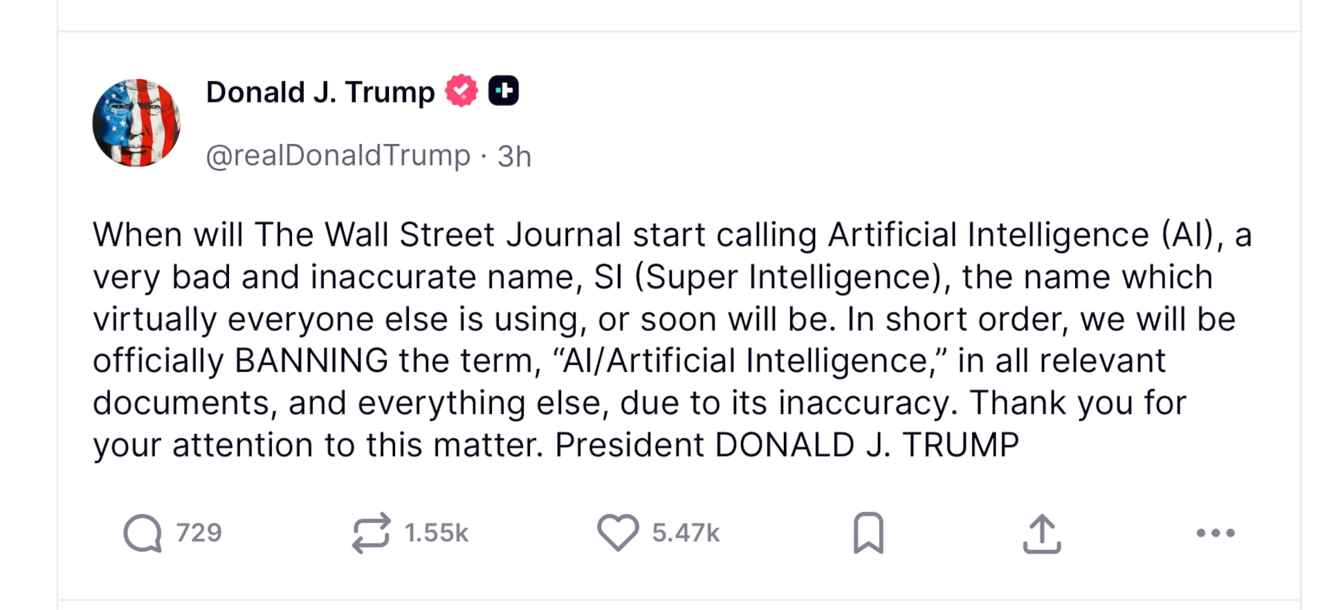 US President Donald Trump lamented that his push for rebrand artificial intelligence wasn't go very well.