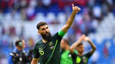 Australia's Mile Jedinak gestures after the Denmark vs Australia match at Samara Arena in Samara, Russia, on June 21, 2018. Dylan Martinez / Reuters