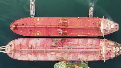 The Nautica oil tanker, top, moored alongside the decaying tanker Safer, off the coast of Ras Issa, Yemen. Reuters