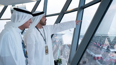 Sheikh Abdullah bin Zayed, UAE Minister of Foreign Affairs and International Cooperation (R) and Adel bin Ahmed Al Jubeir, Minister of Foreign Affairs of Saudi Arabia (L), attend the final day of the 2018 Formula 1 Etihad Airways Abu Dhabi Grand Prix, in Shams Tower. Ryan Carter / Ministry of Presidential Affairs