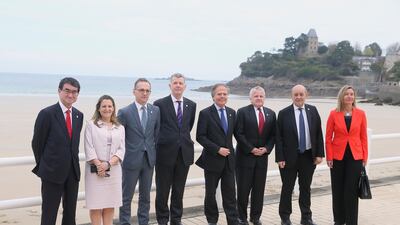 Japanese Foreign Minister Taro Kono, Canada's Foreign Minister Chrystia Freeland, Germany's Foreign Minister Heiko Maas, Britain's Director General for Political Affairs at the Foreign & Commonwealth Office Richard Moore, Italy's Foreign Minister Enzo Moavero Milanesi, US Deputy Secretary of State John J. Sullivan, French Foreign Minister Jean-Yves Le Drian and European Union High Representative for Foreign Affairs and Security Policy Federica Mogherini, from left to right. G7 economies will enter this next global slowdown with a greatly debilitated balance sheet. AP