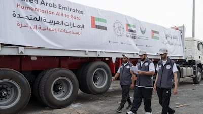 Five UAE humanitarian aid convoys, made up of 63 lorries, entered the Gaza Strip. Photo: Wam