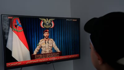 Houthi spokesman Yahya Sarea delivers a televised statement in Sanaa on Tuesday after the rebels claimed responsibility for attacks on several Saudi cities. EPA