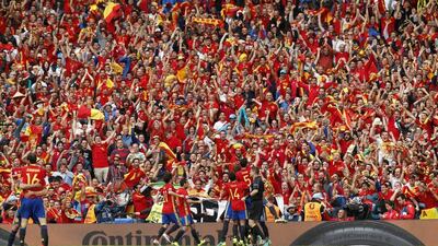 Spain’s Gerard Pique celebrates after scoring their first goal with teammates and fans against Czech Republic during their Euro 2016 match. Albert Gea / Reuters