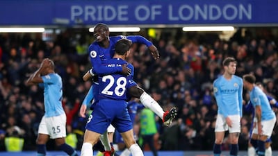 Chelsea midfielder N'Golo Kante celebrates scoring the first goal against Manchester City. Reuters