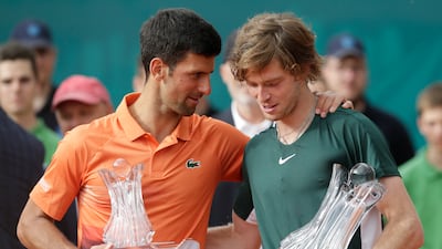 Russian winner Andrey Rublev and Novak Djokovic after the final of the Serbia Open in Belgrade on April 24. EPA