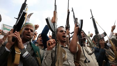 Houthi supporters shout slogans and hold up their weapons in Sanaa, Yemen, 15 August 2025. EPA