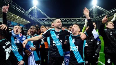 Jamie Vardy, Stephy Mavididi, Conor Coady, Yunus Akgun and teammates celebrate Leicester's Championship title. PA