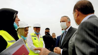 Prime Minister of Iraq Mustafa Al Kadhimi, accompanied by the government delegation, visits the site of the Al Faw Grand Port and the breakwater. Iraqi PMO twitter.