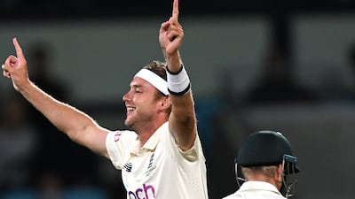 England bowler Stuart Broad celebrates taking the wicket of opener David Warner for a duck in Australia's second innings. Getty