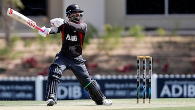 Rohan Musthafa of UAE in action during their match against USA in the T20 match at the ICC Academy in Dubai. UAE reached 182-7 in there 20 overs.