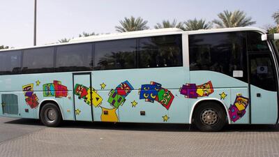 Every year artists are commissioned to design the buses, which drive around the art districts for three days over Art Week shuttling people around. This bus features art work by Eman Alraesi.