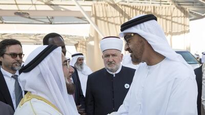 Sheikh Mohammed bin Zayed, Crown Prince of Abu Dhabi and Deputy Supreme Commander of the Armed Forces, bids farewell to a participant of the Forum for Promoting Peace in Muslim Societies, after reception at a Sea Palace barza. Ryan Carter / Crown Prince Court — Abu Dhabi