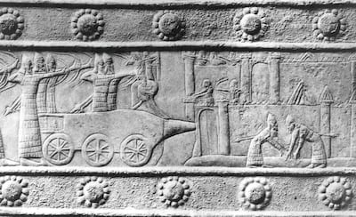 Circa 700 BC, soldiers of the Assyrian army besieging a city, using a battering ram, on a wall-carving, Mesopotamia. Getty Images