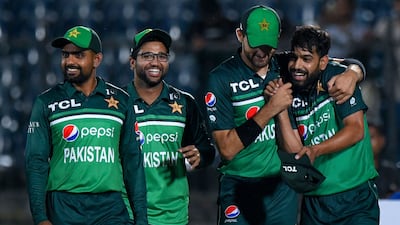 Pakistan bowler Haris Rauf, right, celebrates with teammates after their victory over Afghanistan at the Mahinda Rajapaksa International Cricket Stadium in Sri Lanka, on August 22, 2023. AFP