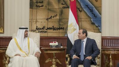 Sheikh Mohammed bin Zayed, Crown Prince of Abu Dhabi and Deputy Supreme Commander of the Armed Forces, left, meets with Egyptian president Abdel Fattah El Sisi in Cairo. Mohammed Al Hammadi / Crown Prince Court - Abu Dhabi