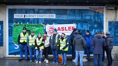Striking train drivers on a picket line outside Leeds railway station. Bloomberg
