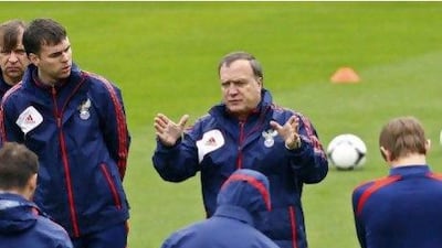 Russia head coach Dick Advocaat instructs players during a training session. Sergey Ponomarev / AP Photo