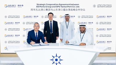 Capt Ammar Al Shaiba, chief executive of maritime and shipping cluster at AD Ports, right, signs a preliminary agreement with SPG Yantai Port to develop green automotive industrial parks. Photo: AD Ports Group