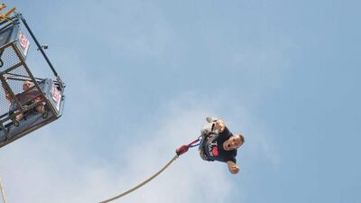 Is it a bird? Is it a plane? No, it’s Colin Phillips, practising for his attempt, in support of Breast cancer Arabia, on the Guinness World Record for the most bungee jumps in 24 hours. Courtesy Colin Phillips