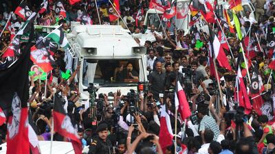 Jayaram Jayalalithaa, leader of All India Anna Dravida Munnetra Kazhagam, the ruling party in India’s Tamil Nadu state, addresses a campaign rally in Chennai on May 11, 2016, ahead of state assembly elections on May 16. Arun Sankar / AFP
