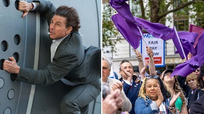 Left: Tom Cruise in 'Mission: Impossible'. Right: Members of UK performers' union Equity at a London rally supporting striking US actors. Paramount Pictures / Getty Images