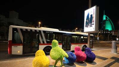 'Chicks' by Viacheslav Heyderikch is one of the art works installed next to the bus stops on Jumeirah beach road in Dubai. Pawan Singh / The National
