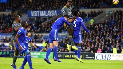 Onyinye Wilfred Ndidi of Leicester City wins a header during the Premier League match between Cardiff City and Leicester City at Cardiff City Stadium on November 3. Getty