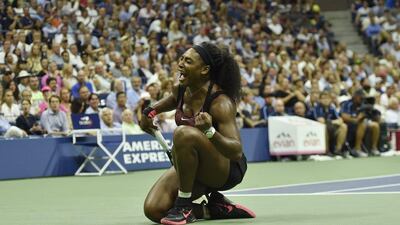 Serena Williams celebrates during her victory over sister Venus in the US Open quarter-finals on Tuesday. Justin Lane / EPA