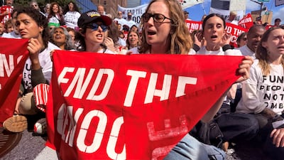 Actress Hannah Einbinder, right, and comedienne Sarah Sherman take part in a protest ahead of Israeli Prime Minister Netanyahu's address to the United Nations General Assembly in New York City on September 24. Reuters