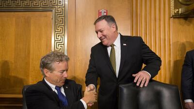 Republican senator Rand Paul, left, shakes hands with CIA director Mike Pompeo before the Senate Foreign Relations committee hearing on the nomination of Pompeo to be secretary of state. EPA/MICHAEL REYNOLDS