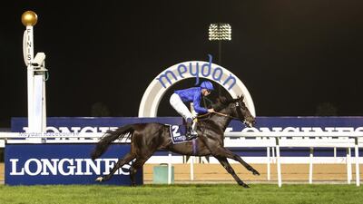 James Doyle rides True Story to victory in the Singspiel Stakes at Meydan Racecourse in Dubai on January 8, 2015. Sarah Dea / The National