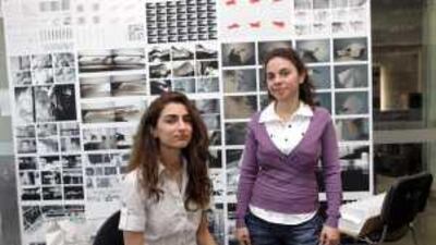 Abir Fawaz, right, 22, a senior design student, and Sharmeen Syed, 24, a senior architecture student, from the American University of Sharjah. They are participating in an internship programme with Art Dubai.