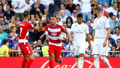 Granada's Darwin Machis celebrates scoring their first goal, Reuters