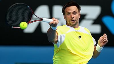 Robin Soderling plays forehand in his fourth-round match against Alexandr Dolgopolov.