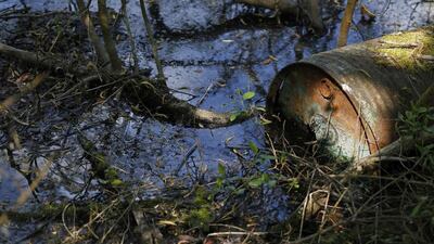 A rusted barrel is seen in a pond covered with leaked oil, near an abandoned paraffin wax factory, in a forest in Merkwiller-Pechelbronn. Vincent Kessler / Reuters