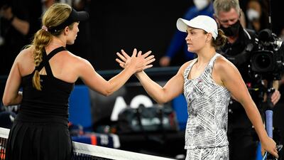 Ash Barty, right, of Australia is congratulated by Danielle Collins of the US after winning the Australian Open title. AP