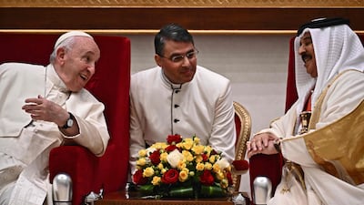 Pope Francis, left, speaks with Bahrain's King Hamad during their meeting in the capital Manama. The Pope is making the November 3-6 visit to participate in a government-sponsored conference on East-West dialogue and to minister to Bahrain's small Catholic community. AFP