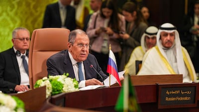 Sergey Lavrov speaks at the Gulf-Russia foreign ministers' meeting in Manama. AFP
