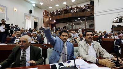 Members of the Yemeni parliament, all supporters of the Houthi rebels and their allies, attend a parliament session in Sanaa on 13 August 2016. EPA/YAHYA ARHAB